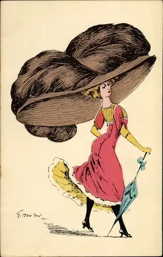 Künstler Ak Touton, E., Frau mit riesigem Hut, Sonnenschirm