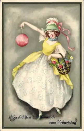 Künstler Ak Glückwunsch Geburtstag, Frau mit Lampion und Blumenkorb, Primus