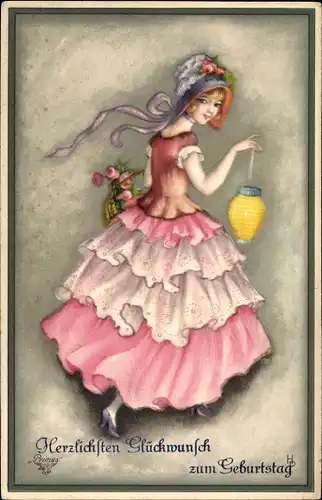 Künstler Ak Glückwunsch Geburtstag, Frau mit Lampion, Rosen