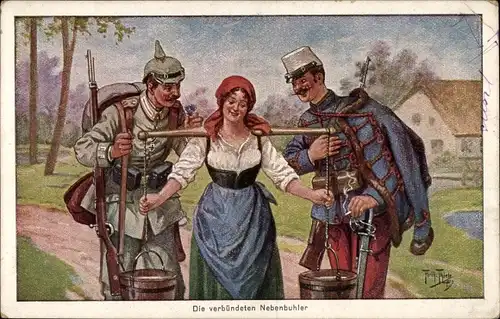 Künstler Ak Thiele, Arthur, Die verbündeten Nebenbuhler, Soldaten mit einer Bäuerin, I. WK