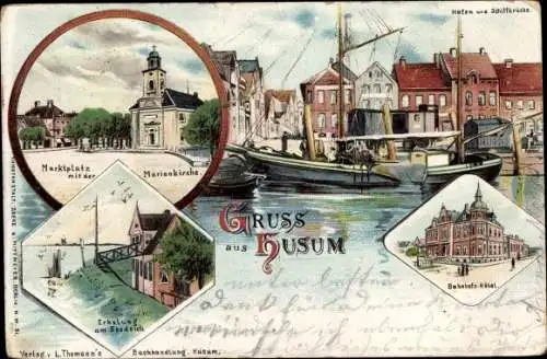 Litho Husum in Nordfriesland, Hafen, Schiffbrücke, Marktplatz, Marienkirche, Bahnhofshotel, Seedeich