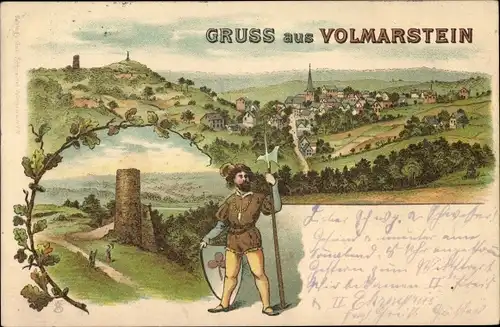 Litho Volmarstein Wetter an der Ruhr, Gesamtansicht, Turm, Ritter