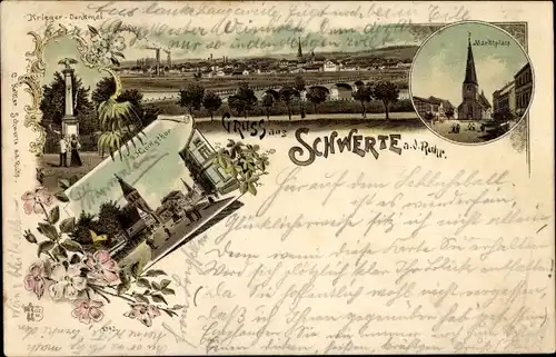 Litho Schwerte an der Ruhr, Marktplatz, Kriegerdenkmal, Hüsingtor