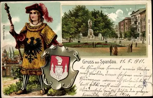 Wappen Ak Berlin Spandau, Bismarckplatz, Denkmal