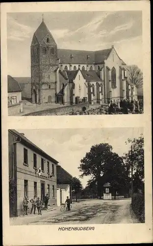 Ak Hohenbudberg Krefeld am Niederrhein, Kirche, Straßenpartie, Station Rotes Kreuz