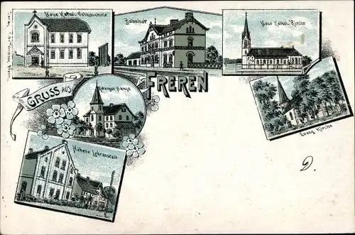 Litho Freren Emsland, Bahnhof, Kath. Volksschule, Kath. Kirche, Rittergut, Ev. Kirche, Lehranstalt