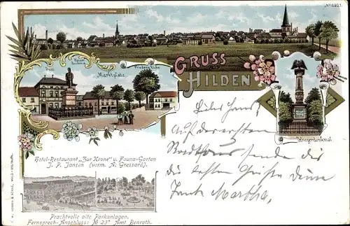 Litho Hilden im Rheinland, Hotel Zur Krone, Kriegerdenkmal, Marktplatz, Friedenseiche, Post