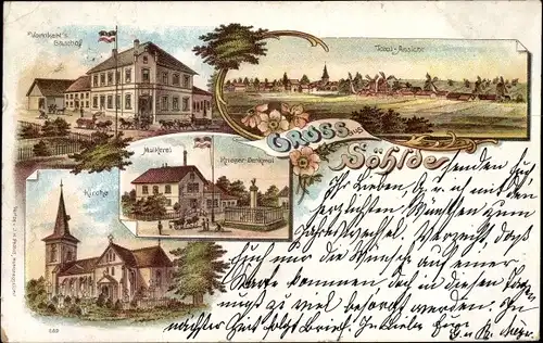 Litho Söhlde in Niedersachsen, Vornkahls Gasthof, Molkerei, Kirche, Denkmal, Totale
