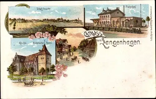 Litho Langenhagen in Niedersachsen, Bahnhof, Kirche, Historischer Turm