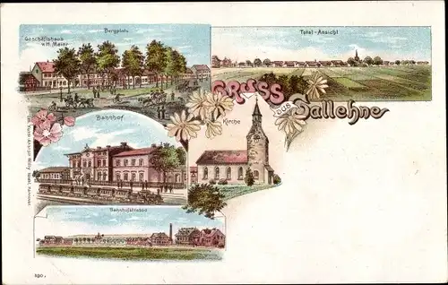 Litho Callehne Kallehne Fleetmark Arendsee in der Altmark, Kirche, Bahnhof, Bergplatz, Bahnhofstraße