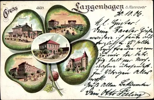 Kleeblatt Litho Langenhagen Region Hannover in Niedersachsen, Bahnhofsallee, Heilanstalt, Kirche