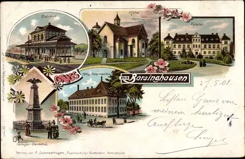 Litho Barsinghausen am Deister, Bahnhof, Kloster, Kirche, Berginspektion, Kriegerdenkmal