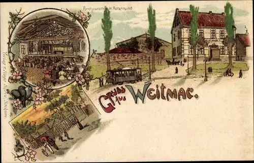 Litho Weitmar Bochum im Ruhrgebiet, Restauration, Saal, Garten