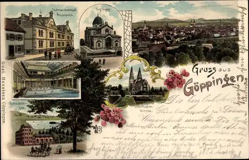 Litho Göppingen in Württemberg, Synagoge, Schwimmbad, Schockensee, Oberhofen Kirche, Panorama