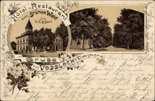 Litho Vossloch Bokholt Hanredder in Schleswig Holstein, Hotel und Restaurant zum grünen Wald