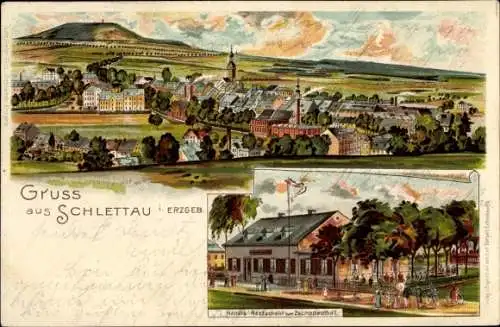 Litho Schlettau im Erzgebirge, Panorama, Restaurant zum Zschopautal