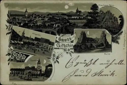 Mondschein Litho Jičín Gitschin Jitschin Region Königgrätz, Ringplatz, Turmtor, Ruine, Felsen