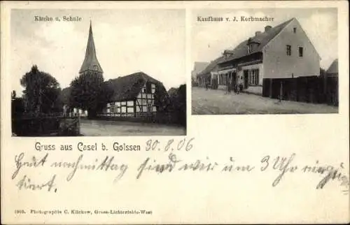 Ak Casel Kasel Unterspreewald, Kirche, Schule, Kaufhaus J. Korbmacher