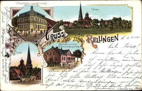 Litho Rellingen in Holstein, F. Wöntemann's Gastwirtschaft, Manufakturwarenhandlung Stoldt, Kirche