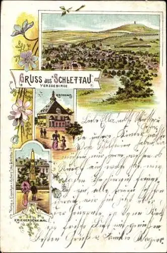 Litho Schlettau im Erzgebirge, Panorama, Rathaus, Kriegerdenkmal