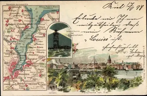 Landkarten Litho Kiel Schleswig Holstein, Leuchtturm Friedrichsort, Panorama