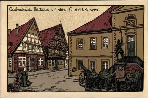 Steindruck Ak Quakenbrück in Niedersachsen, Rathaus mit alten Giebelhäusern