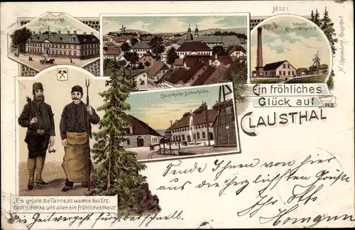 Litho Clausthal Zellerfeld im Oberharz, Oberbergamt, Bergarbeiter, Silberhütte, Schacht Wilhelm II.