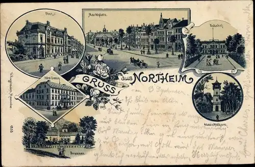 Litho Northeim in Niedersachsen, Post, Marktplatz, Bahnhof, Hotel Sonne, Brunnen, Aussichtsturm