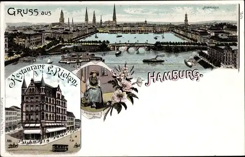 Litho Hamburg, Alsterbassin, Restaurant L. Rieken, Vierländerin