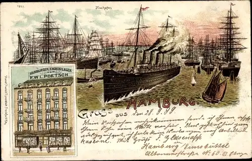 Litho Hamburg, Freihafen, Segelschiffe, Hamburger Engroslager