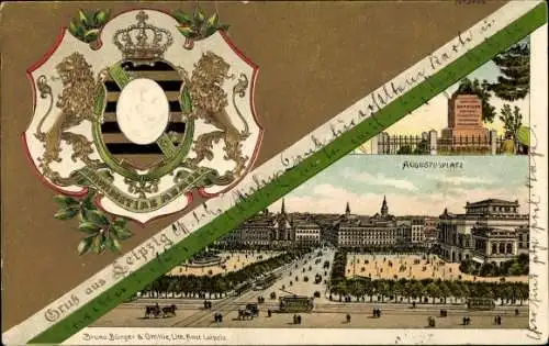 Präge Wappen Litho Leipzig in Sachsen, Augustusplatz, König Friedrich August III