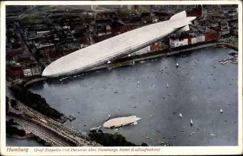 Ak Hamburg, Graf Zeppelin und Parseval über der Alster, LZ 127, Fliegeraufnahme