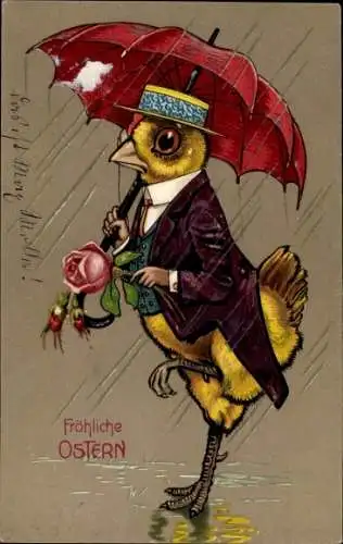 Präge Ak Glückwunsch Ostern, Küken mit Regenschirm und Rose im Regen