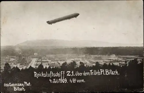 Foto Ak Bitche Bitsch Lothringen Moselle, Reichsluftschiff Z 1 über dem Truppenübungsplatz 1909, LZ3