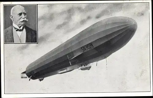 Ak Zeppelin Luftschiff Sachsen LZ 17, Portrait von Graf Zeppelin