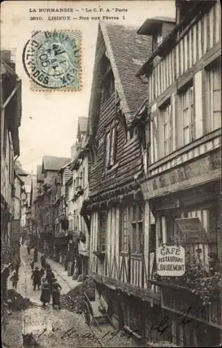 Ak Lisieux Calvados, Rue aux Fevres, Cafe Restaurant L. Baudemont