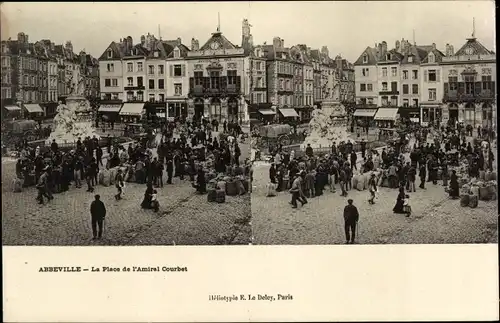 Stereo Ak Abbeville Somme, La Place de l'Amiral Courbet, Monument