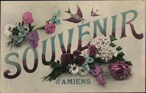 Ak Amiens Somme, Souvenir, Blumen, Schwalben