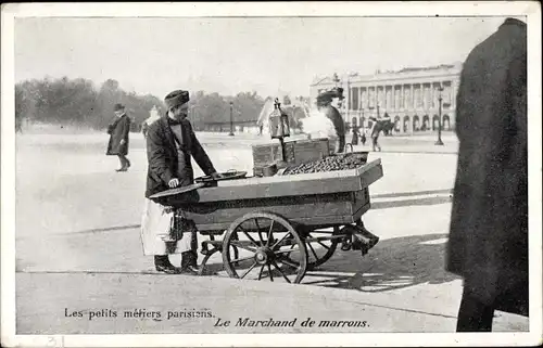 Ak Paris, Petits métiers parisiens, Marchand de marrons, Kastanienverkäufer