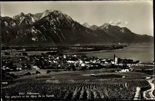 Ak Villeneuve Kanton Waadt, Vue generale et les Alpes de la Savoie