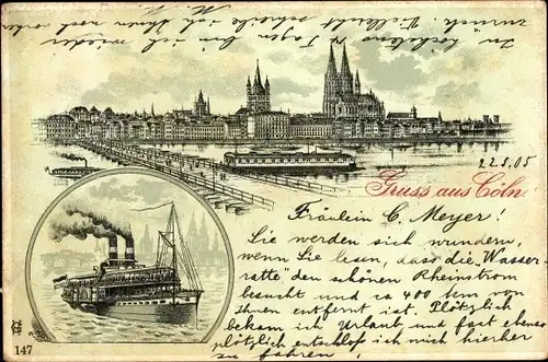 Litho Köln am Rhein, Dampfer, Brücke über den Rhein, Teilansicht der Stadt