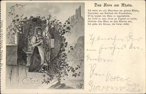 Künstler Gedicht Ak Das Herz am Rhein, Frau am Spinnrad