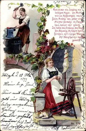 Gedicht Litho Von Auch ich war ein Jüngling, Schmied, Frau in Tracht am Spinnrad mit Katze