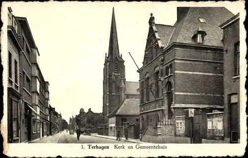 Ak Terhagen Antwerpen Flandern, Kerk en Gemeentehuis