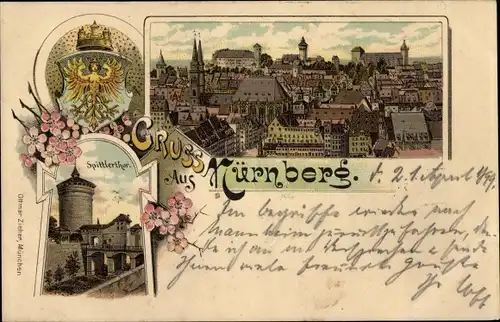 Litho Nürnberg in Mittelfranken, Splittertor, Blick über die Stadt zur Burg, Wappentier, Kirschblüte