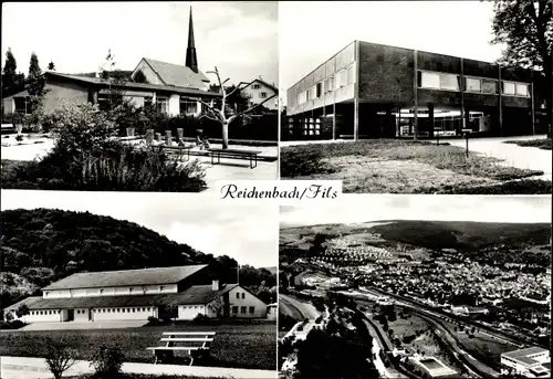 Ak Reichenbach an der Fils Württemberg Kirche Schule, Fliegeraufnahme