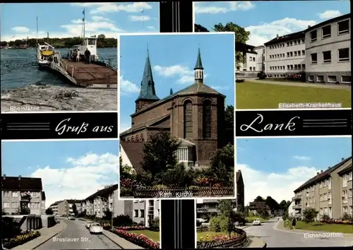 Ak Lank Latum Meerbusch am Niederrhein, Rheinfähre, Kirche, Elisabeth Krankenhaus, Straßenansichten