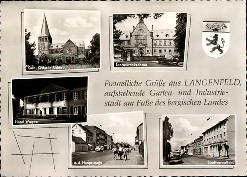 Ak Langenfeld im Rheinland, Kirche, Landeskrankenhaus, Hotel Wagner, Stadtverwaltung, Wappen