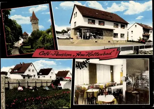 Ak Ostheim von der Rhön in Unterfranken, Café Pension Am Hallenbad, Inh. Helmut Schenk