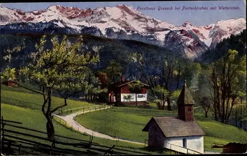 Ak Garmisch Partenkirchen in Oberbayern, Forsthaus Graseck mit Wetterstein